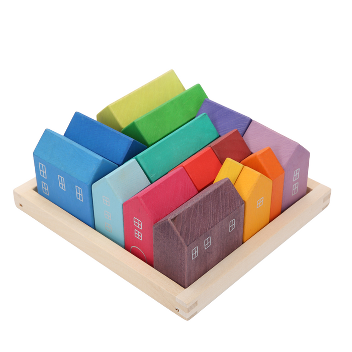 15 Pcs Little Village Wooden House Toys Building Blocks