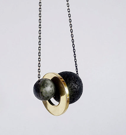 EQU08 Lave bead, gold disc, labradorite necklace