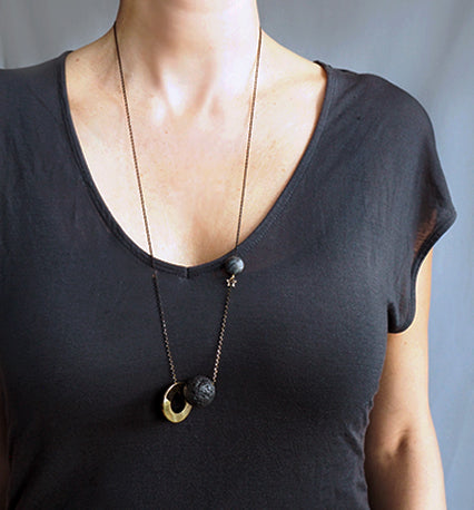 EQU08 Lave bead, gold disc, labradorite necklace