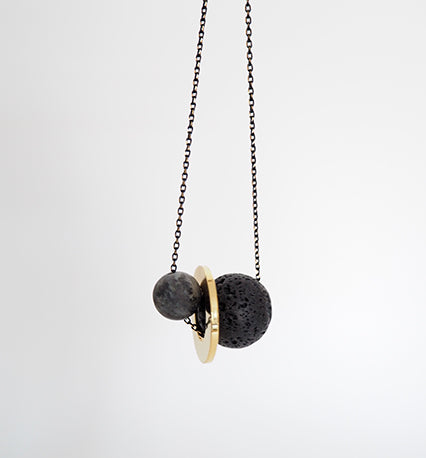 EQU08 Lave bead, gold disc, labradorite necklace
