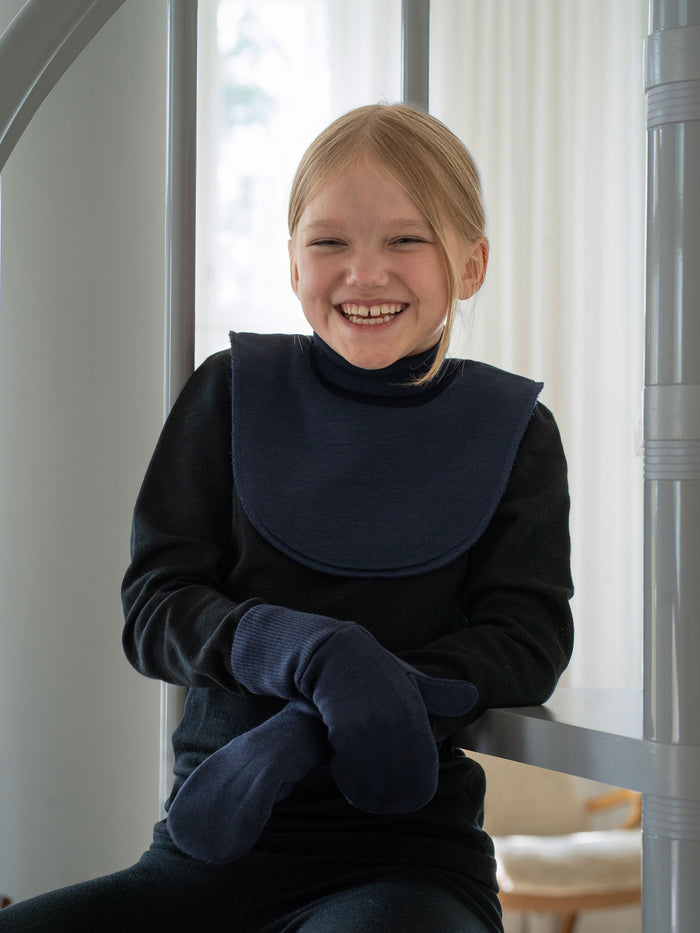 Lasten kauluri ja lapaset merinovillaa, sininen