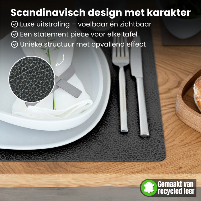 LIND DNA Placemats Hippo - Leer - Black Anthracite - 45 x 35 cm - 2 Stuks