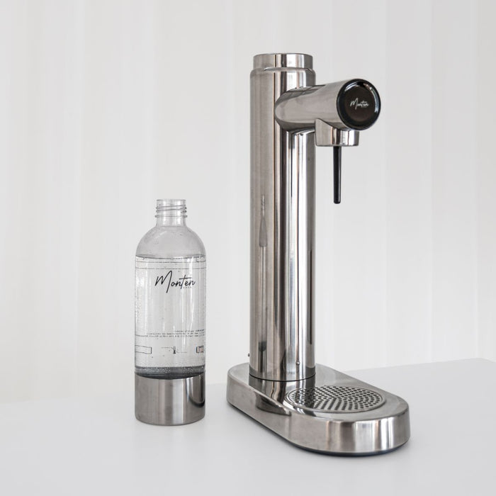 Monten Polished Steel Soda Maker + 1 Stainless Steel Bottle