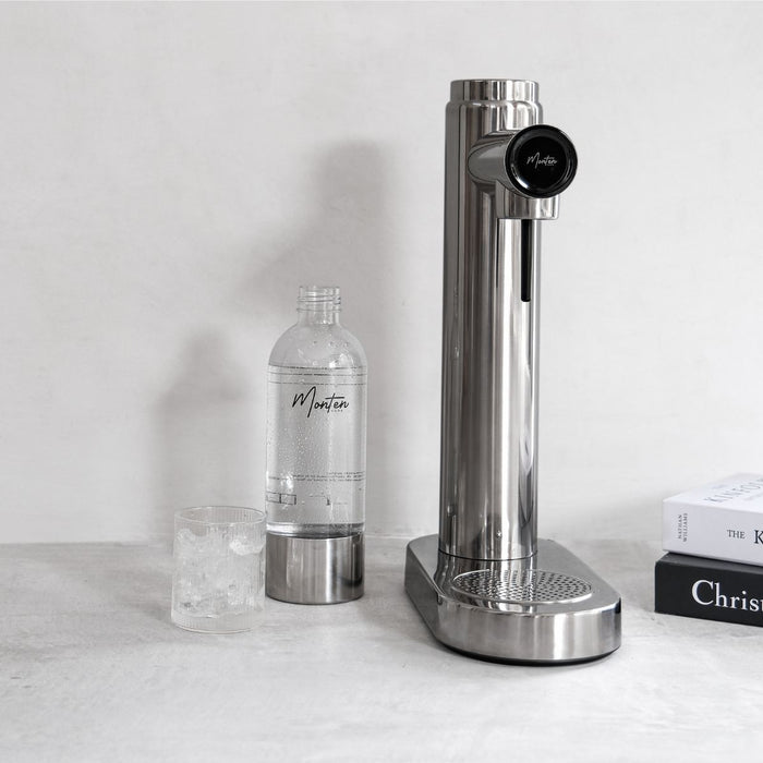 Monten Polished Steel Soda Maker + 1 Stainless Steel Bottle