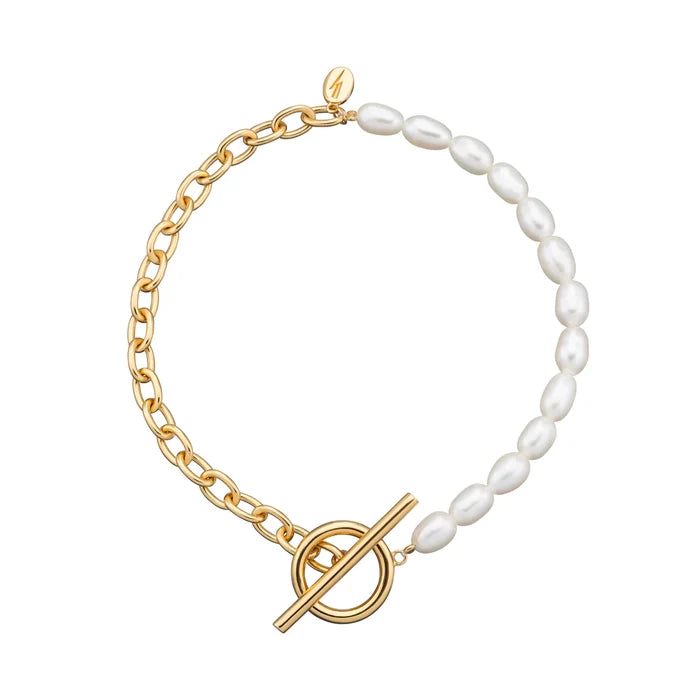 SPG-332 Pearl & Chain T Bar Bracelet - Gold Plated